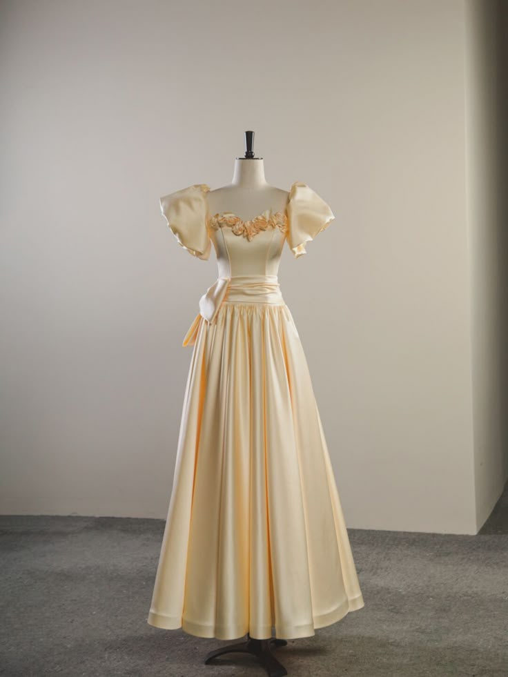 Sweet light yellow satin A-line long prom dress evening dress TP2725