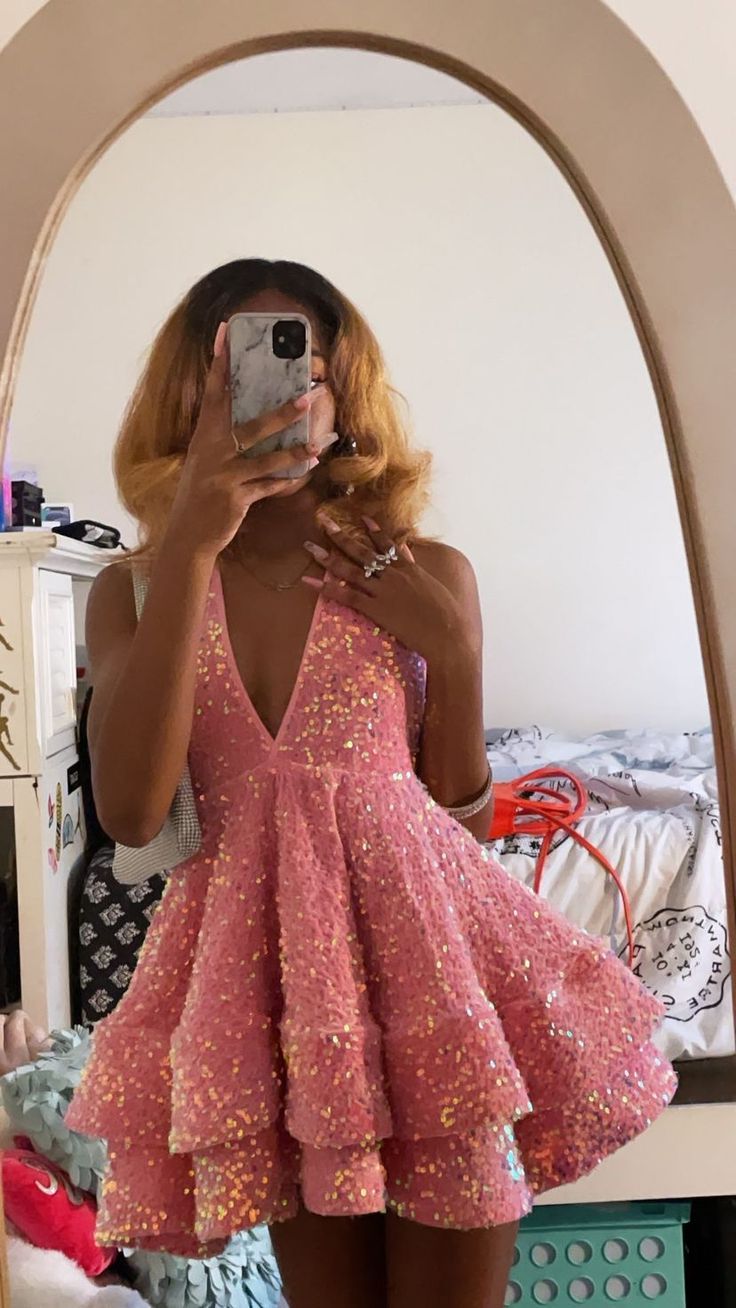 Sweet Pink Deep V Neck A-Line Sequin Mini Birthday Party Dress Homecoming Dress TP2727