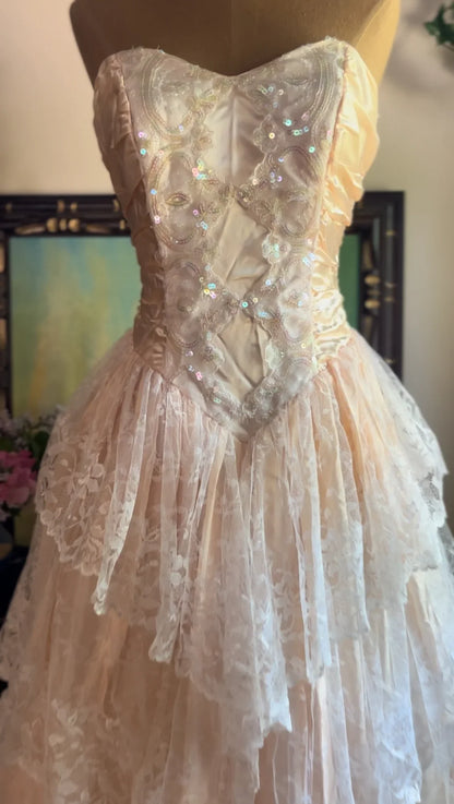 Vintage Pink Strapless Sequined Lace Trim Sweetheart Neck A-Line Prom Dress Evening Dress TP2741