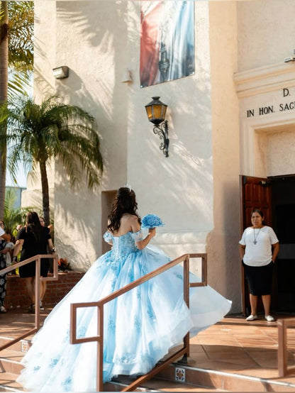 Beautiful Princess Dress Blue Off-the-shoulder Prom Dress A-line Floor-length Evening Dress TP2745