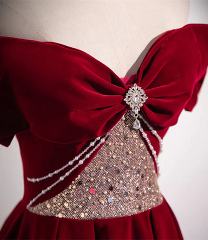 Elegant Burgundy Off-the-shoulder Sequin Beaded A-line Prom Dress Evening Dress TP2756