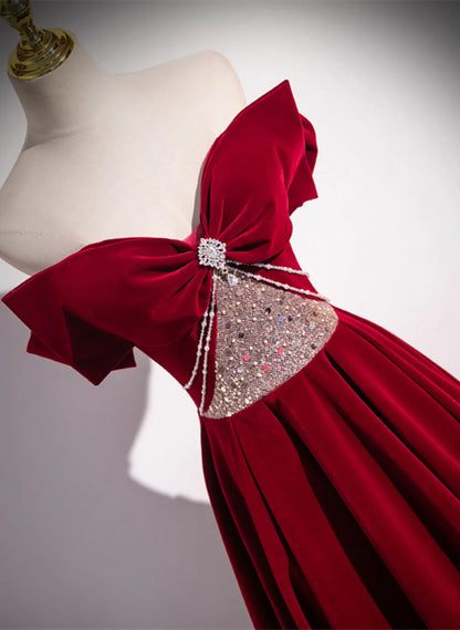 Elegant Burgundy Off-the-shoulder Sequin Beaded A-line Prom Dress Evening Dress TP2756