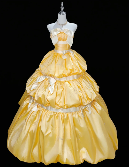 Unique Strapless Ball Gown Yellow Satin Beaded Formal Quinceanera Dress Sweet 16 Dress
