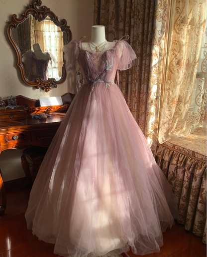 Sweet Tulle Sequin Beaded Ball Gown Pink Long Evening Dress Birthday Party Dress