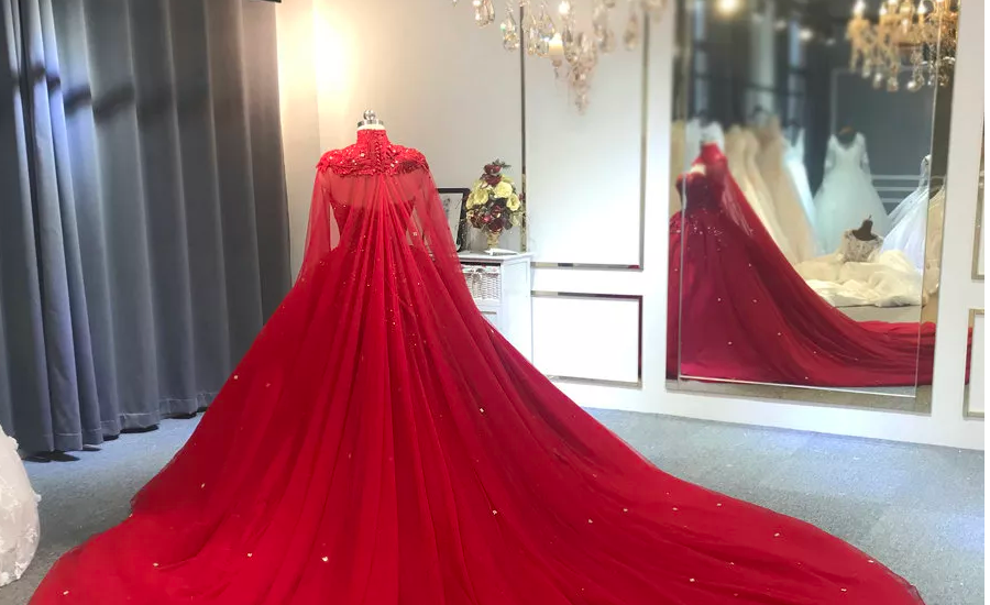 Red Ball Gown With Cape And Beads, Luxury Prom Dress C1888