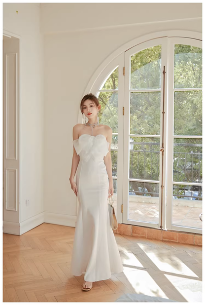 Classy White Strapless Bow Satin Mermaid Long Wedding Guest Dress Formal Evening Dress Prom Gown
