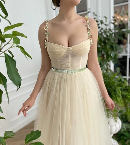 Beige Fairy Tulle Prom Dress  Beads Straps Fairy Prom Gown, Handmade Tea-length A-Line Tulle Ball Gown Wedding Dress c2752