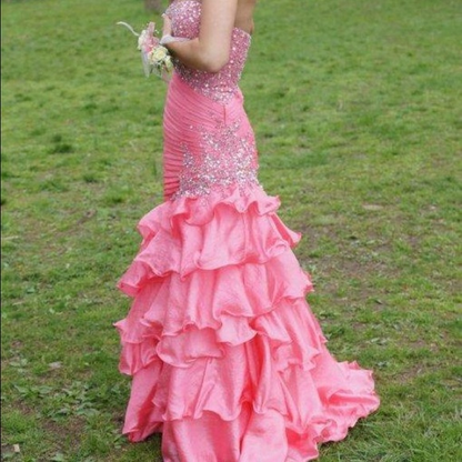 Pretty Pink Strapless Satin Beaded Pleated Ruffles Long Wedding Guest Dress Mermaid Party Dress SP1177
