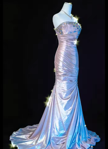 Elegant Purple Strapless Beaded Satin Pleated Mermaid Long Party Dress Prom Gown SP1851