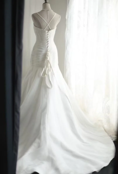 Charming Spaghetti Straps White Irregular Satin Organza Mermaid Princess Wedding Dress Long Bridal Gowns