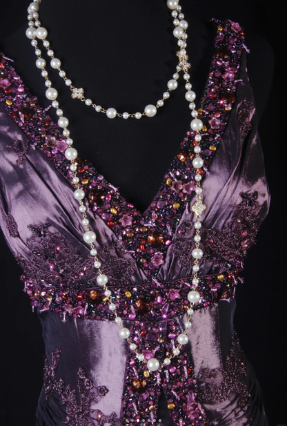 Vintage Purple V Neck Satin Beaded Mermaid Evening Dress Long Birthday Party Gown
