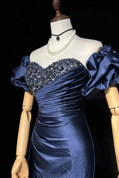 Elegant Off The Shoulder Navy Blue Satin Beaded Mermaid Long Evening Dress 18th Birthday Outfits SP1960