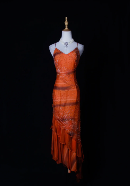 Pretty Orange Spaghetti Straps Chiffon Beaded Ruffle Mermaid Long Prom Dress Evening Gown