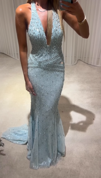 Gorgeous Halter V Neck Blue Satin Sequin Beaded Mermaid Long Party Dress Evening Gown SP1868