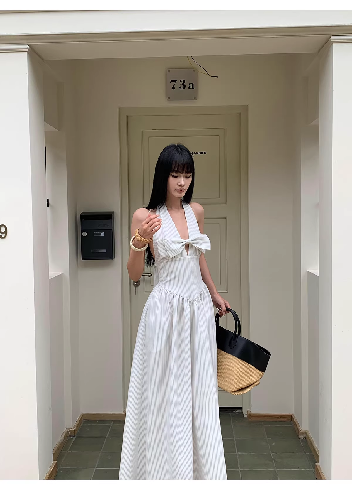 Cute Halter A-Line Black White Striped Butterfly Bow V-Neck Long Evening Dress Birthday Party Gown