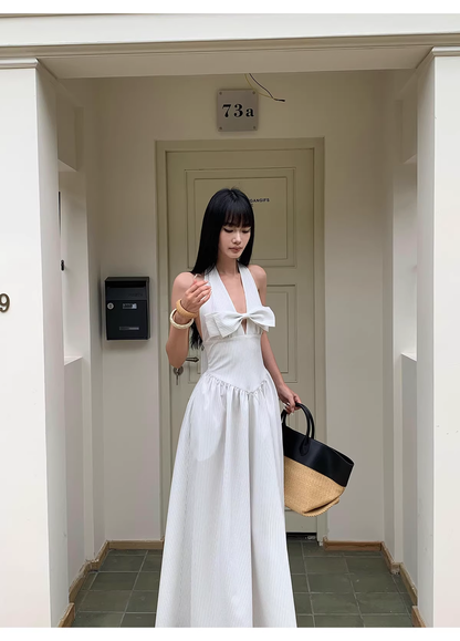 Cute Halter A-Line Black White Striped Butterfly Bow V-Neck Long Evening Dress Birthday Party Gown