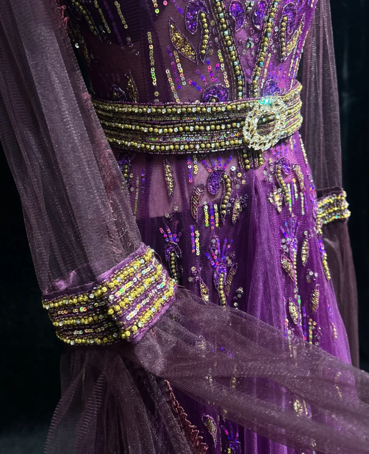 Gorgeous Purple V Neck Tulle Beaded A Line Long Evening Dress Birthday Party Gown SP1798