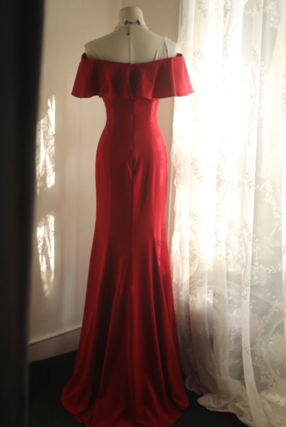 Elegant Off The Shoulder Red Satin Mermaid Evening Dress Long Wedding Guest Dress SP668