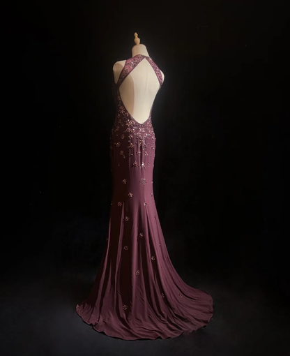 Gorgeous Burgundy Sleeveless Chiffon Beaded Mermaid Long Evening Dress Backless Birthday Dress SP1786