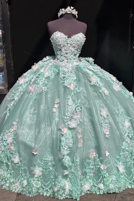 Luxury Sweet 16 Ball Gown Mint Green 3D Flower Appliques Tulle Quinceanera Dress Birthday Party Gown  cc2685