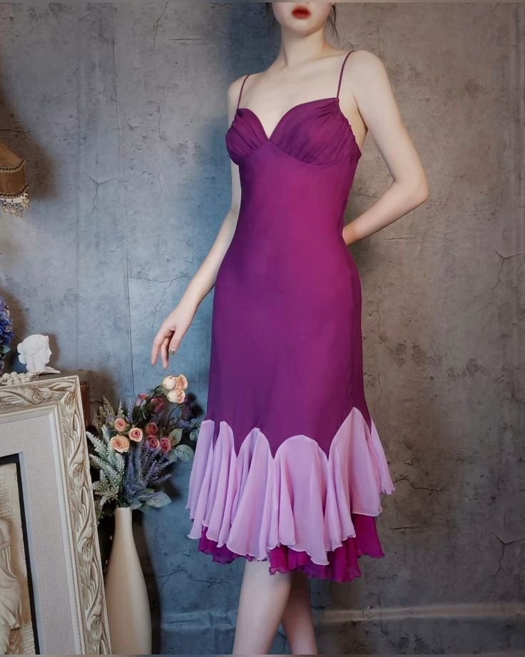 Vintage Spaghetti Straps Fuchsia Satin Chiffon Ruffles Mermaid Party Dress Long Evening Gown