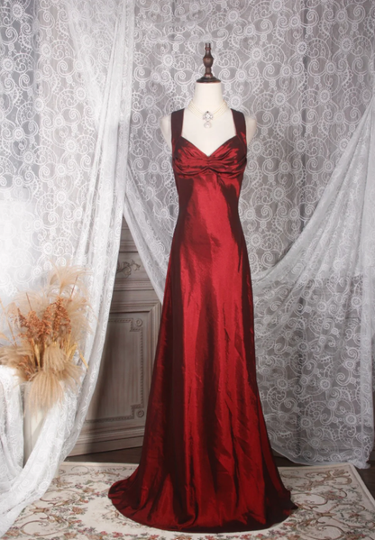 Vintage Burgundy V Neck Satin Mermaid Long Prom Dress Party Gown