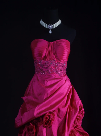 Pretty Strapless Satin Pleated Ball Gown Pink Long Party Dress Prom Gown