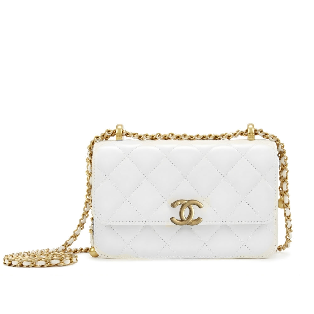 Chanel Mini Single Flap Bag Gold Hardware White 19Cm