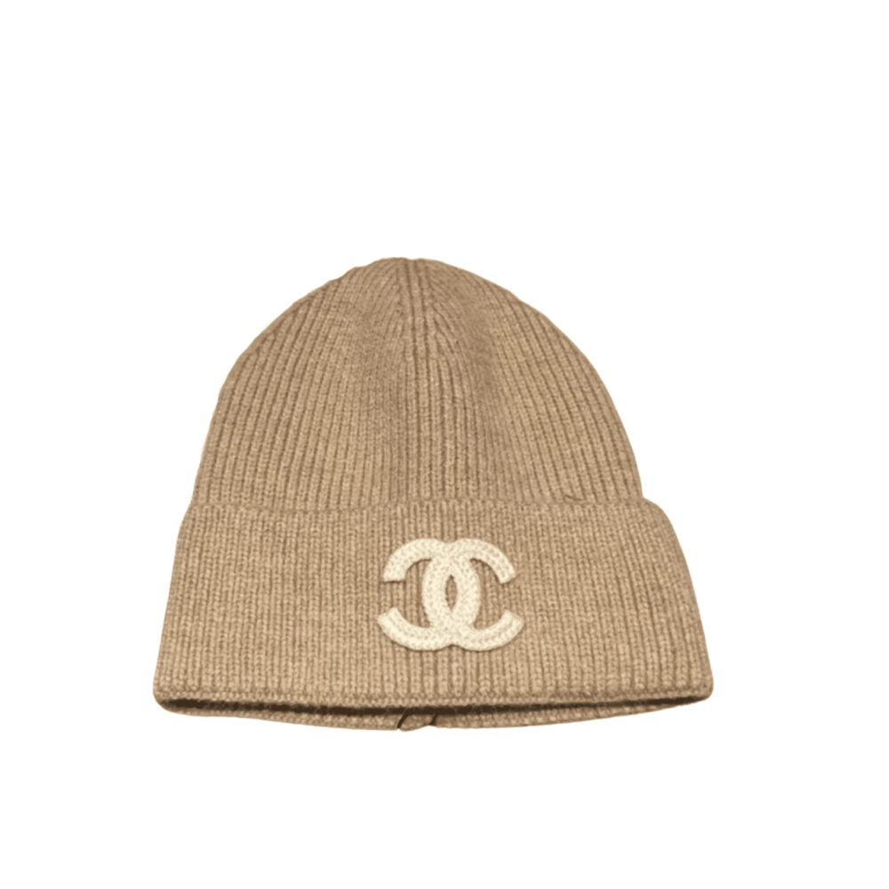 Chanel White CC Wool Beanie Beige
