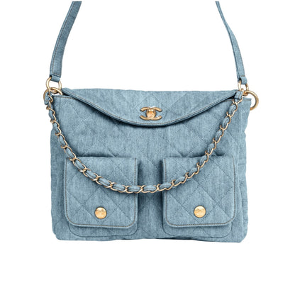 CHANEL LARGE SUPPLE TWINS HOBO BAG BLUE DENIM 28CM