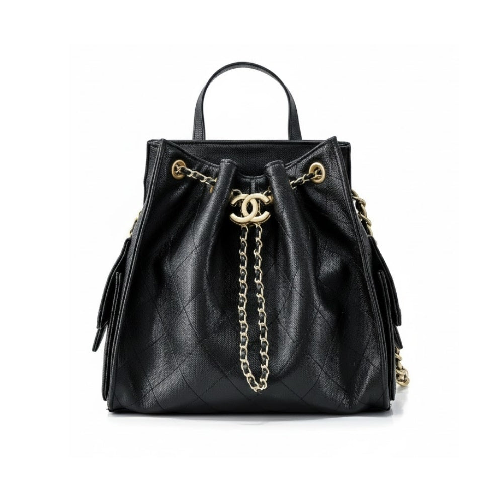 Chanel 25 Medium Size Backpack Grain Effect And Gold Metal Black 23Cm As5600 B20304 94305