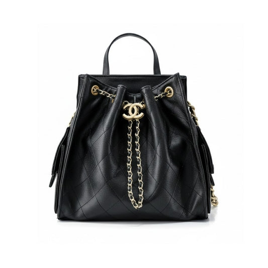 Chanel 25 Medium Size Backpack Grain Effect And Gold Metal Black 23Cm As5600 B20304 94305