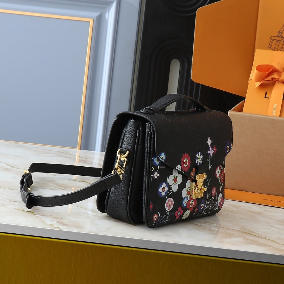 LOUIS VUITTON X TAKASHI MURAKAMI POCHETTE MÉTIS BAG BLACK 25CM M41487
