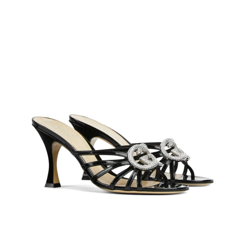 Gucci Women Slide Sandal With Crystal Interlocking G Black
