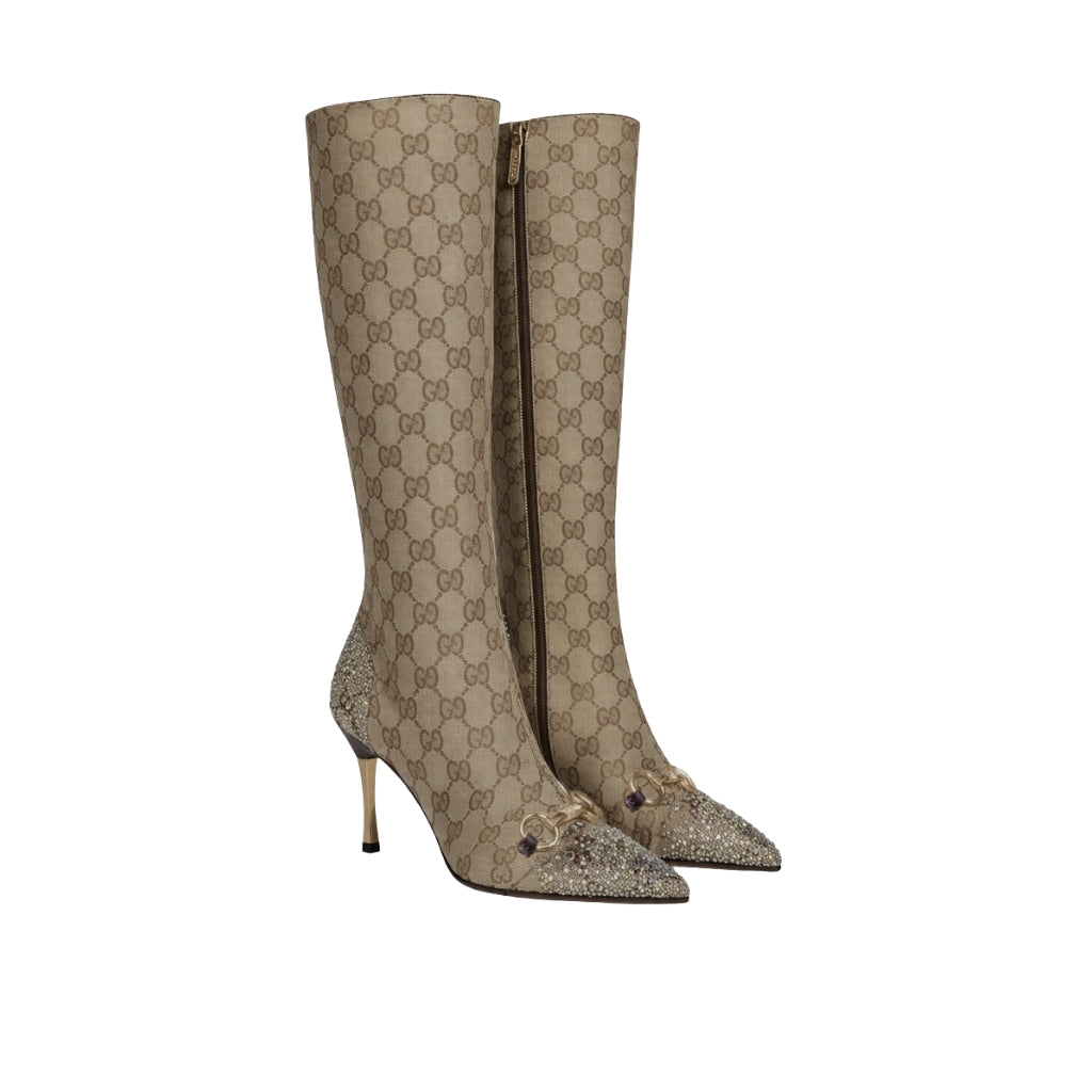 Gucci Women’s Bombshell Boot GG Canvas Crystal Embellished Dark Brown