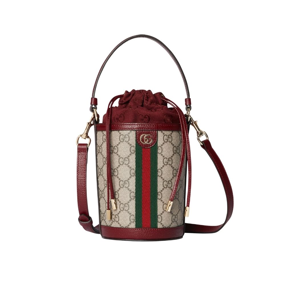 Gucci Ophidia Mini Bucket Bag Beige And Dark Red 20Cm