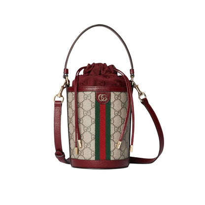 Gucci Ophidia Mini Bucket Bag Beige And Dark Red 20Cm