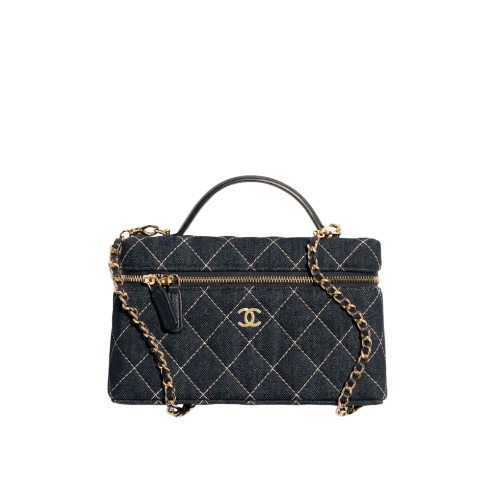 Chanel Classic Vanity with Chain Gold Metal Denim Dark Blue 19cm