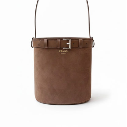 Prada Suede Buckle Bucket Bag With Belt Brown 28Cm