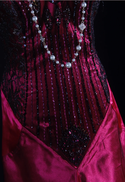 Charming V Neck Hot Pink Satin Beaded Mermaid Long Party Dress Birthday Evening Gown