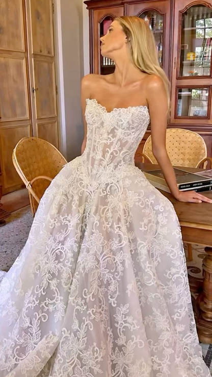 Pretty White Strapless Lace Ball Gown Long Wedding Guest Dress