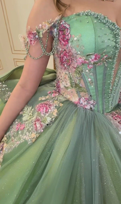 Gorgeous Off Shoulder Green Sleeveless Tulle Beaded Appliques Bow Knot Sweet 15 Quinceañera Dress SP1729