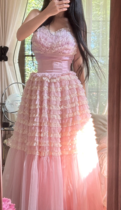 Sweet Strapless Pink Tulle Pleated A Line Long Party Dress Princess Birthday Prom Gowns