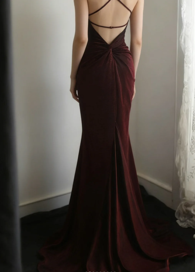 Charming Burgundy Spaghetti Straps Satin Mermaid Long Party Dress Backless Evening Gown