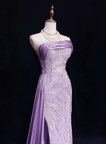 Glamorous  Strapless Lavender Tulle Satin Beaded Slit Mermaid Evening Dress Long Birthday Prom Gowns SP1965