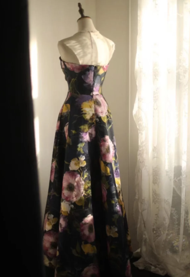 Pretty Strapless Satin Rose Print Floral Long Birthday Party Dress Evening Gown