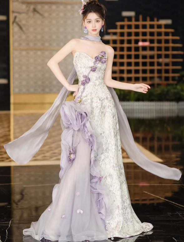 Glamorous Strapless Purple Satin Tulle Mermaid Prom Dress Evening Dress With Flowers Y8601