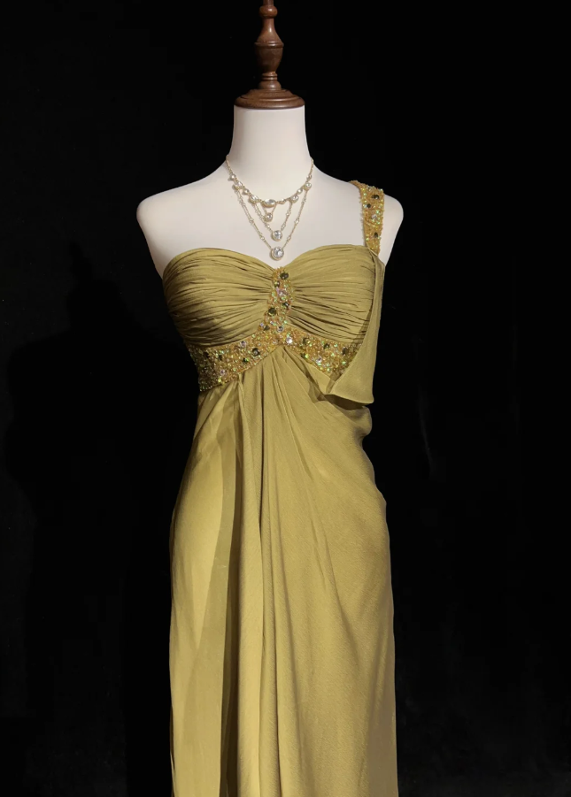 Elegant Turmeric One Shoulder Chiffon Beaded Mermaid Long Evening Dress Formal Wedding Guest Dress SP1964