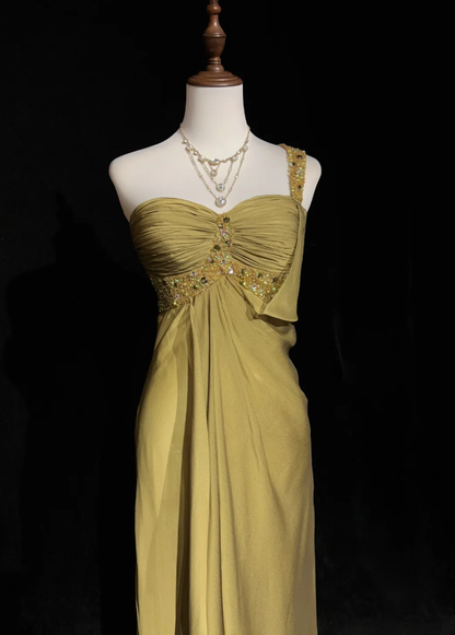 Elegant Turmeric One Shoulder Chiffon Beaded Mermaid Long Evening Dress Formal Wedding Guest Dress SP1964