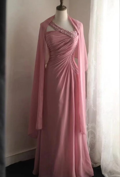 Fairy Pink Chiffon Sequin Beaded Mermaid Long Party Dress Birthday Evening Gown